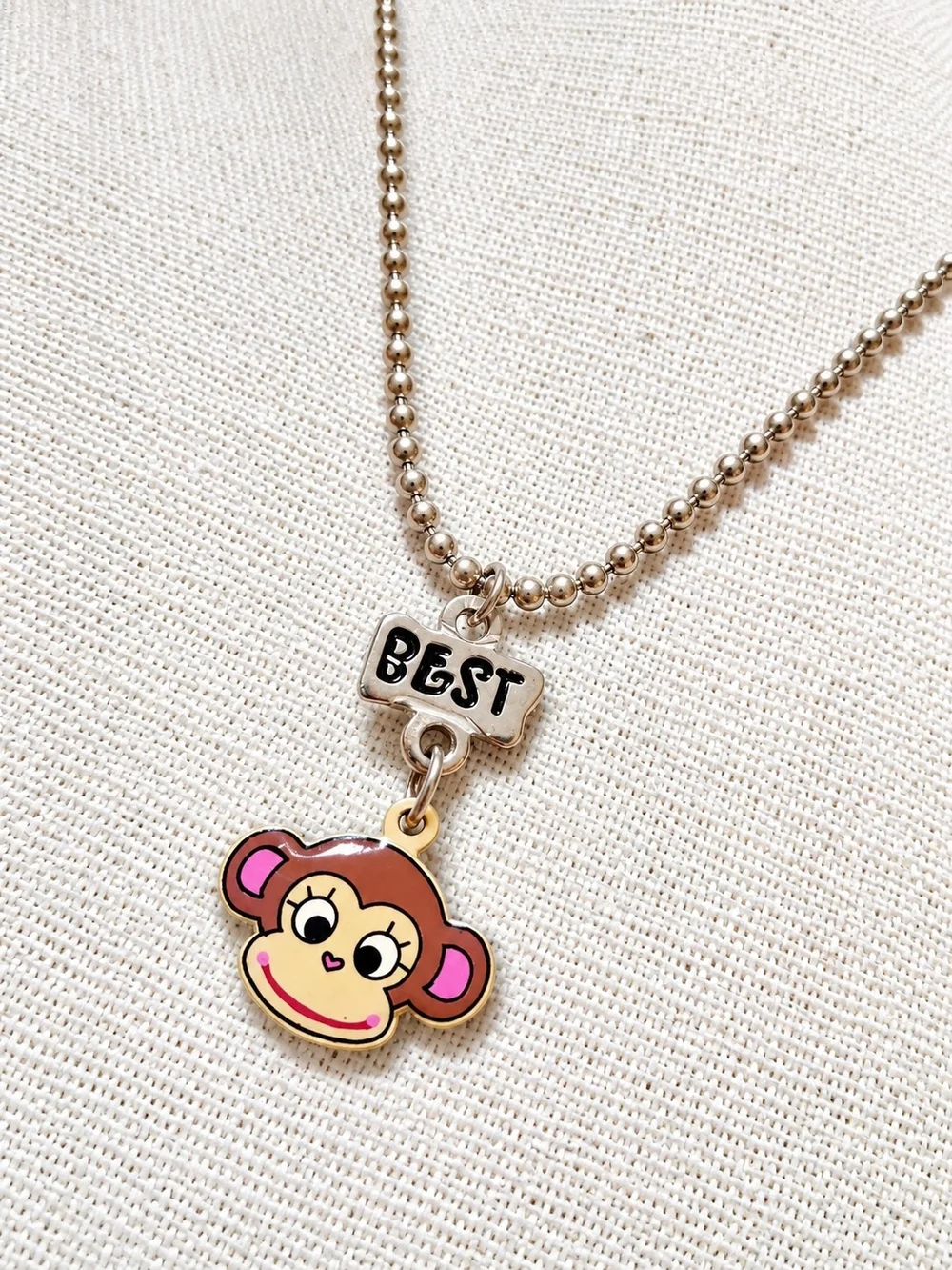 Best Friend Monkey Pendant Necklace Pink Brown Silver Tone Kids 16